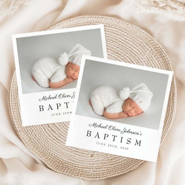 Serviette En Papier Élégant Script Photo Baptême (Elegant Script Photo Baptism Napkins)
