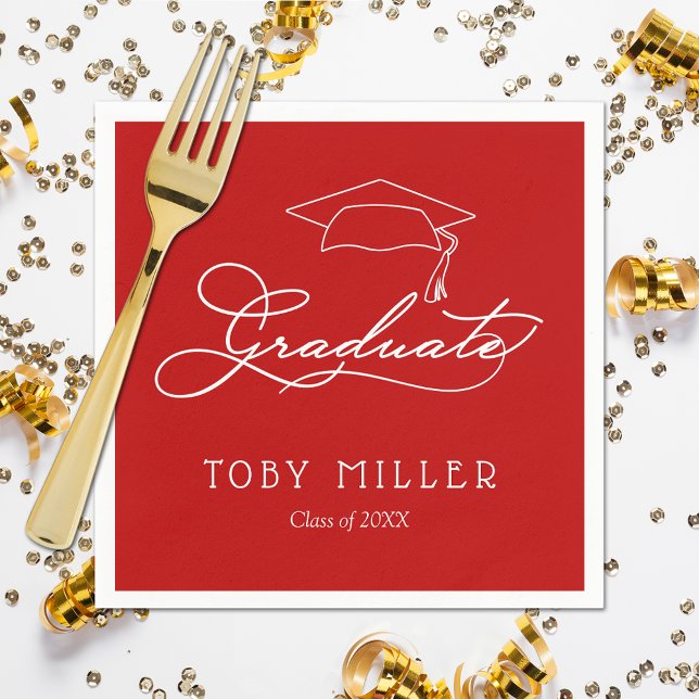 Serviette En Papier Élégant Script Scarlet Red Graduation serviettes (White script grad cap on scarlet red personalized graduation napkins, paper plates in our store)