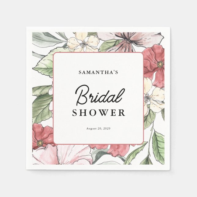 Serviette En Papier Élégant Shower de Mariage Floral Rose et Blush (Devant)