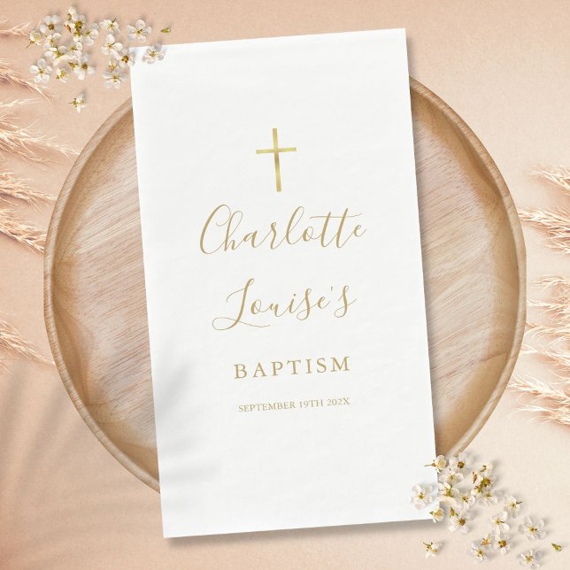 Serviette En Papier Élégant signature or Script Baptême Christening (Elegant Gold Signature Script Baptism Christening Paper Guest Towels)