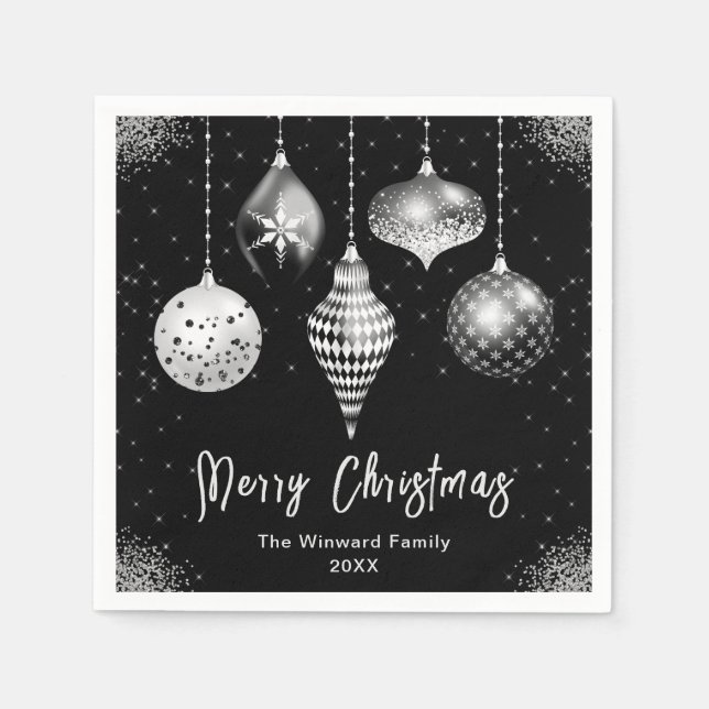 Serviette En Papier Elegant Silver and Black Ornament Christmas (Devant)