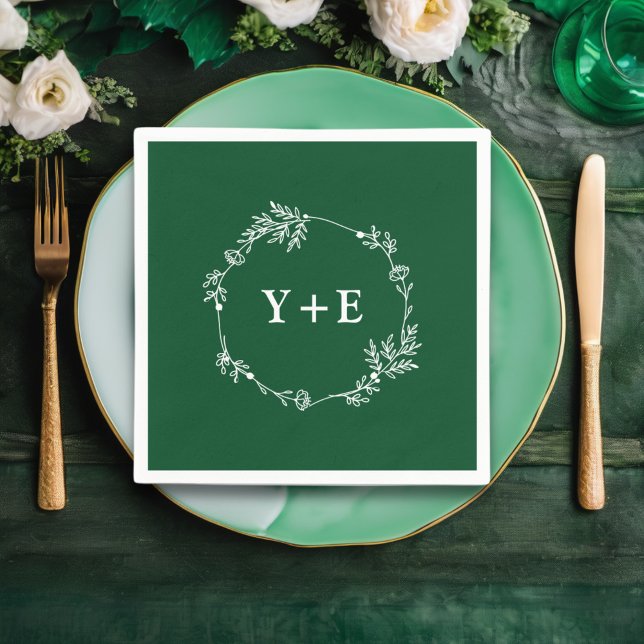 Serviette En Papier Élégant simple Emerald Green Monogramme Mariage (Créateur téléchargé)