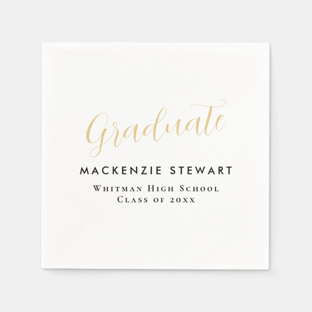 Serviette En Papier Élégant Simple Gold Script Graduation Blanc (Devant)