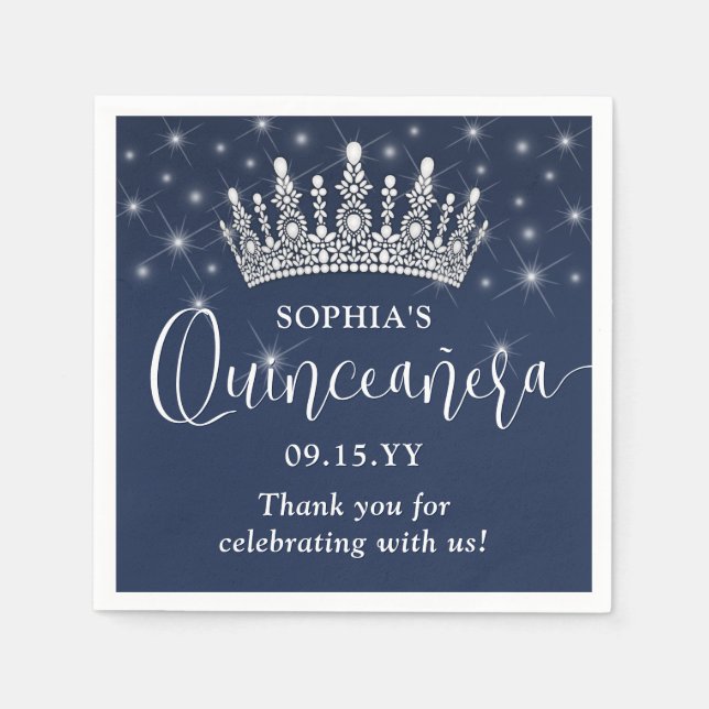 Serviette En Papier Elegant Sparkles Quinceañera Crown Navy Blue (Devant)