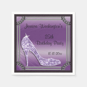 Serviette En Papier Élégant Stiletto Lilas Cadre Argent 25e Anniversai