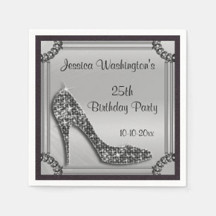 Serviette En Papier Élégant Stiletto Noir Cadre Argent 25e Anniversair