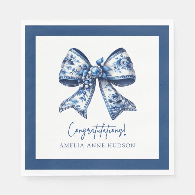 Serviette En Papier Elegant Stylish Blue Floral Bow Congratulations (Devant)