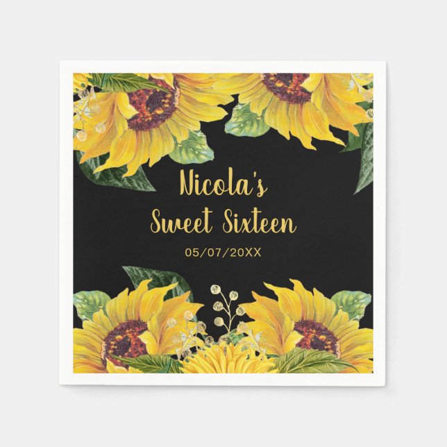 Serviette En Papier Elegant Sunflowers and Foliage Sweet Sixteen (Devant)