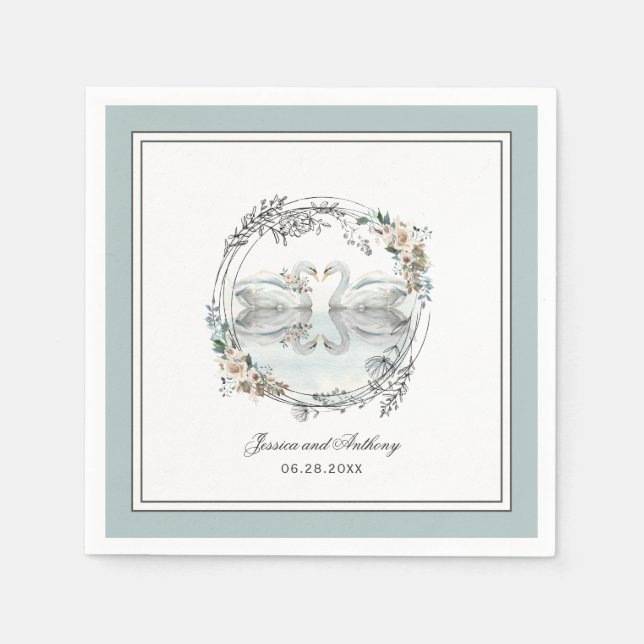 Serviette En Papier Elégant Swans Aquarelle Mariage Floral (Devant)