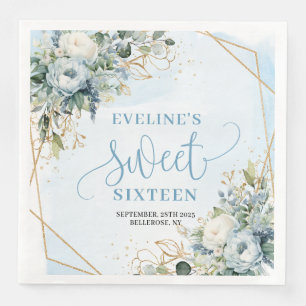 Serviette En Papier Élégant Sweet Sixteen 16 Fleurs Bleu Poussiéreux F
