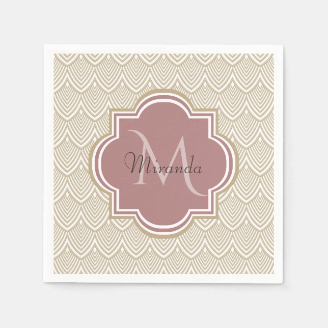 Serviette En Papier Élégant Tan Arched Scallops Mauve Monogramme Nom (Devant)