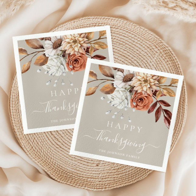 Serviette En Papier Elégant Taupe Bon thanksgiving floral automne (Elegant Taupe Fall Floral Happy Thanksgiving Napkins
)