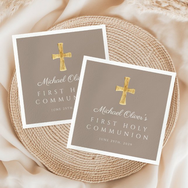 Serviette En Papier Elégant Taupe Croix Religieuse Première Communion (Elegant Taupe Cross Religious First Communion Napkins)