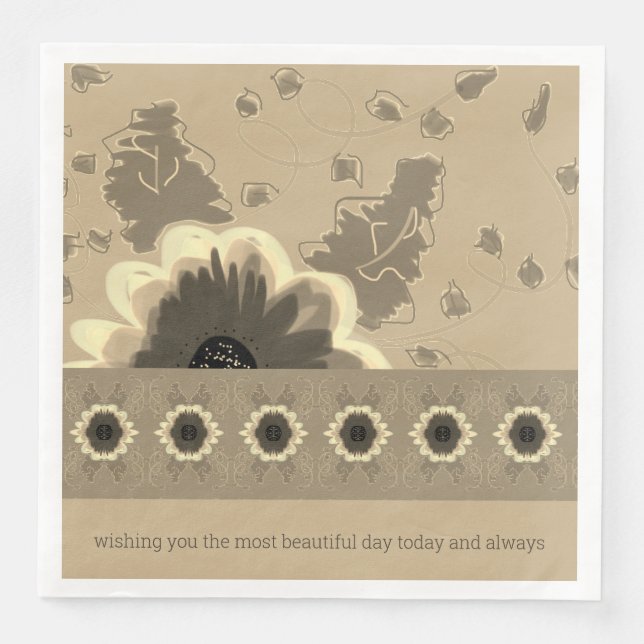 Serviette En Papier Élégant Taupe Floral (Devant)