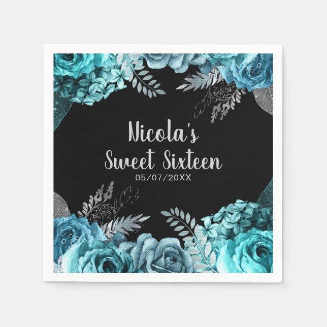 Serviette En Papier Elegant Teal Blue and Silver Flowers Sweet Sixteen (Devant)