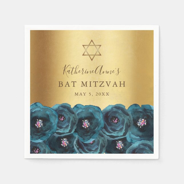 Serviette En Papier Elegant Teal Rose Floral Gold Bat Mitzvah (Devant)