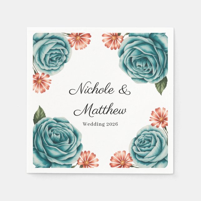 Serviette En Papier Elegant Teal Rose & Orange Daisey Wedding (Devant)
