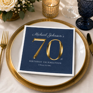 Serviette En Papier Elégant Texte Or Uni Bleu Marine 70e Anniversaire