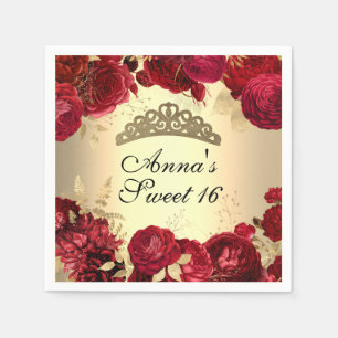 Serviette En Papier Élégant Thème Fleurs Rouge Or Sweet Sixteen