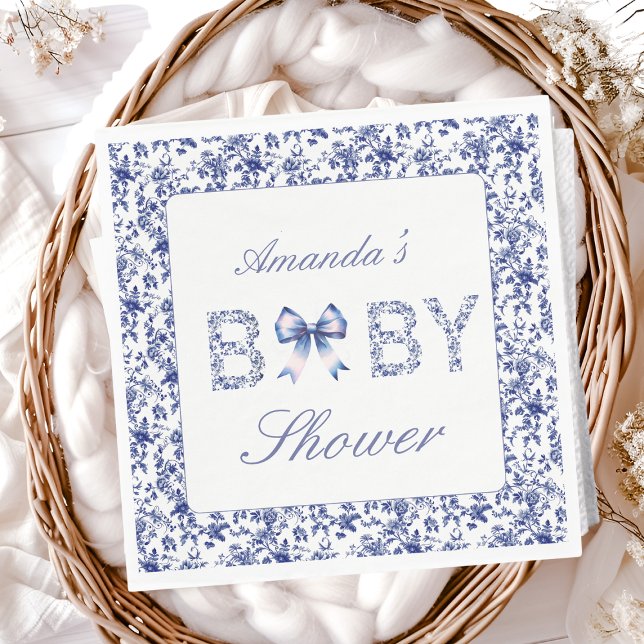 Serviette En Papier Elégant Toile Bleue de Jouy et Baby shower Bow (Créateur téléchargé)