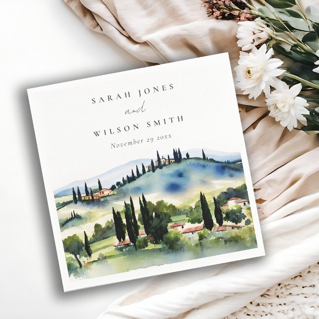 Serviette En Papier Elégant Toscane Italie Aquarelle Mariage paysage (Créateur téléchargé)
