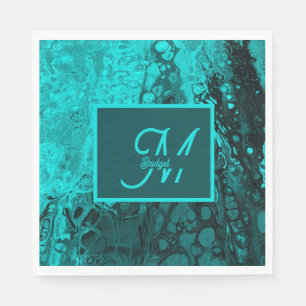 Serviette En Papier Élégant Turquoise Fluid Script monogramme Art