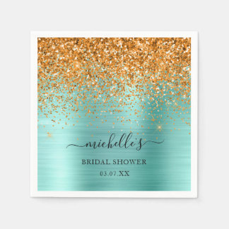 Serviette En Papier Élégant Turquoise or Parties scintillant Étincelle