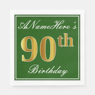 Serviette En Papier Elégant Vert, Faux Gold 90e anniversaire + Nom