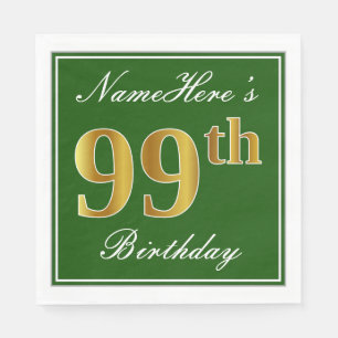 Serviette En Papier Elégant Vert, Faux Gold 99e anniversaire + Nom