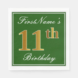 Serviette En Papier Elégant Vert, Faux Or 11ème Anniversaire + Nom