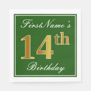 Serviette En Papier Elégant Vert, Faux Or 14ème Anniversaire + Nom