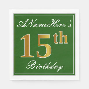 Serviette En Papier Elégant Vert, Faux Or 15ème Anniversaire + Nom