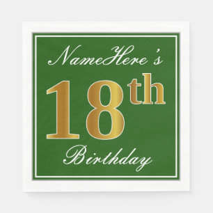 Serviette En Papier Elégant Vert, Faux Or 18ème Anniversaire + Nom