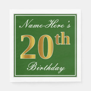 Serviette En Papier Elégant Vert, Faux Or 20ème Anniversaire + Nom