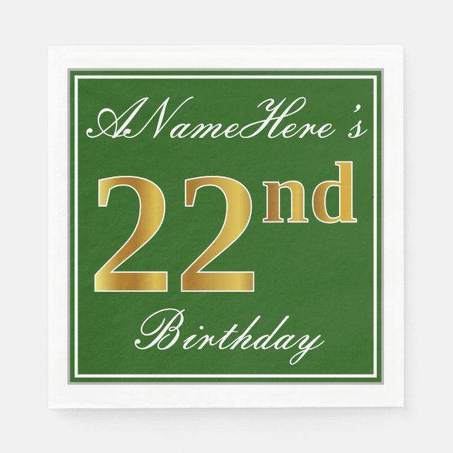 Serviette En Papier Elégant Vert, Faux Or 22ème Anniversaire + Nom (Devant)