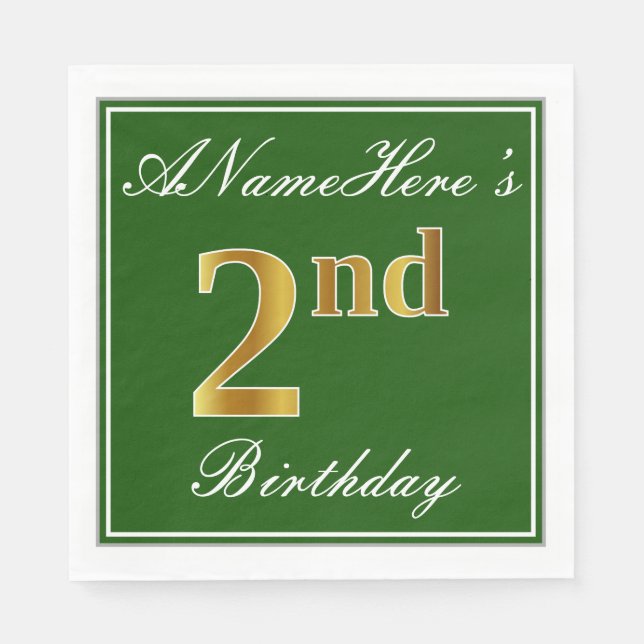Serviette En Papier Elégant Vert, Faux Or 2ème Anniversaire ; Nom pers (Devant)