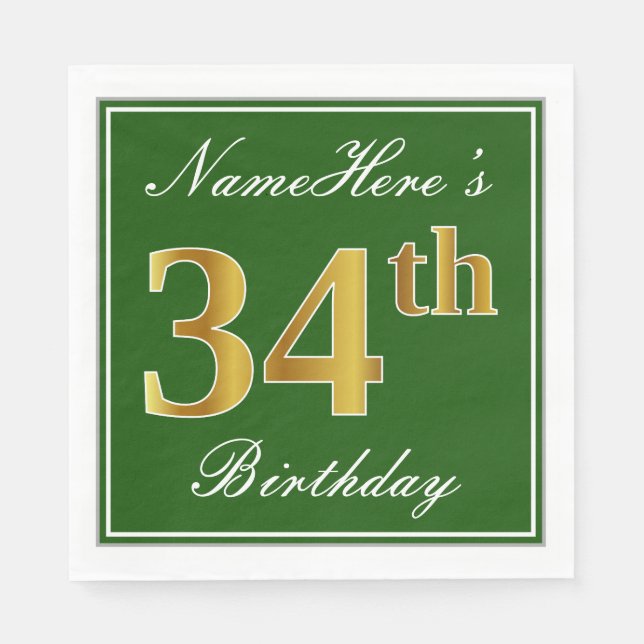 Serviette En Papier Elégant Vert, Faux Or 34ème Anniversaire + Nom (Devant)