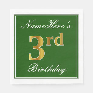 Serviette En Papier Elégant Vert, Faux Or 3ème Anniversaire ; Nom pers