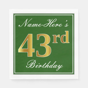 Serviette En Papier Elégant Vert, Faux Or 43ème Anniversaire + Nom