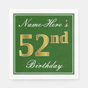 Serviette En Papier Elégant Vert, Faux Or 52ème Anniversaire + Nom
