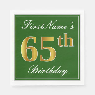 Serviette En Papier Elégant Vert, Faux Or 65ème Anniversaire + Nom