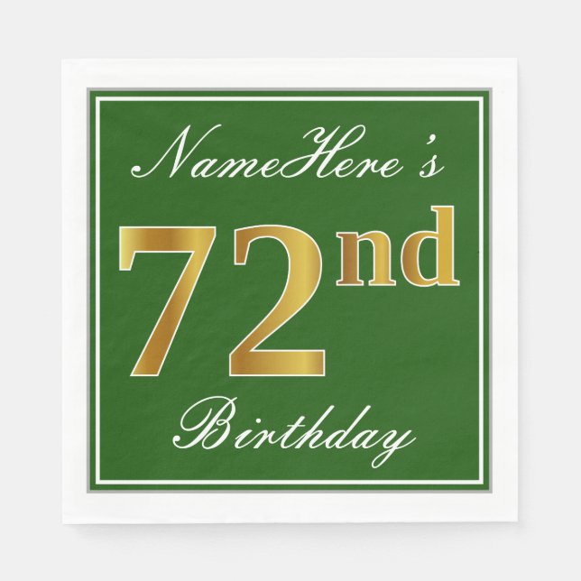 Serviette En Papier Elégant Vert, Faux Or 72ème Anniversaire + Nom (Devant)