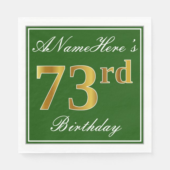 Serviette En Papier Elégant Vert, Faux Or 73ème Anniversaire + Nom (Devant)