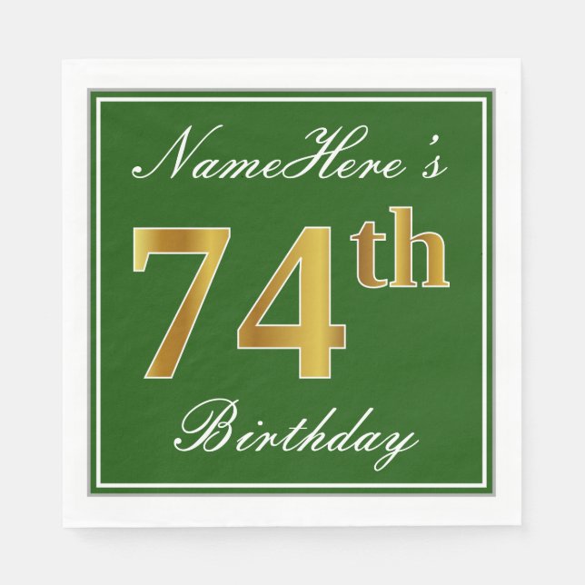 Serviette En Papier Elégant Vert, Faux Or 74ème Anniversaire + Nom (Devant)