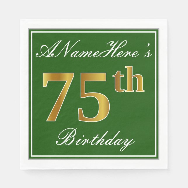 Serviette En Papier Elégant Vert, Faux Or 75ème Anniversaire + Nom (Devant)