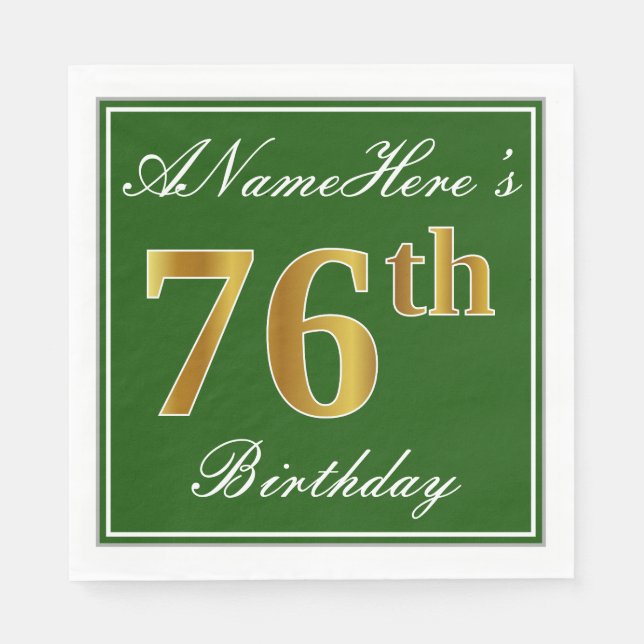 Serviette En Papier Elégant Vert, Faux Or 76ème Anniversaire + Nom (Devant)