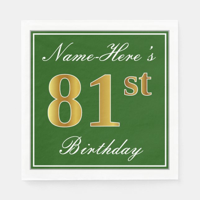 Serviette En Papier Elégant Vert, Faux Or 81ème Anniversaire + Nom (Devant)