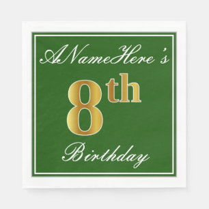 Serviette En Papier Elégant Vert, Faux Or 8ème Anniversaire ; Nom pers