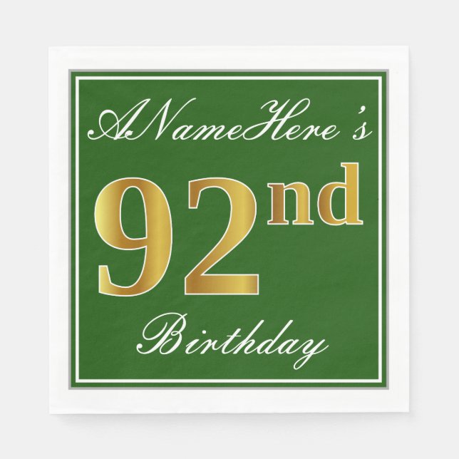 Serviette En Papier Elégant Vert, Faux Or 92ème Anniversaire + Nom (Devant)