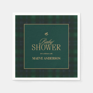 Serviette En Papier Élégant vert marine or carreaux tartan Baby shower